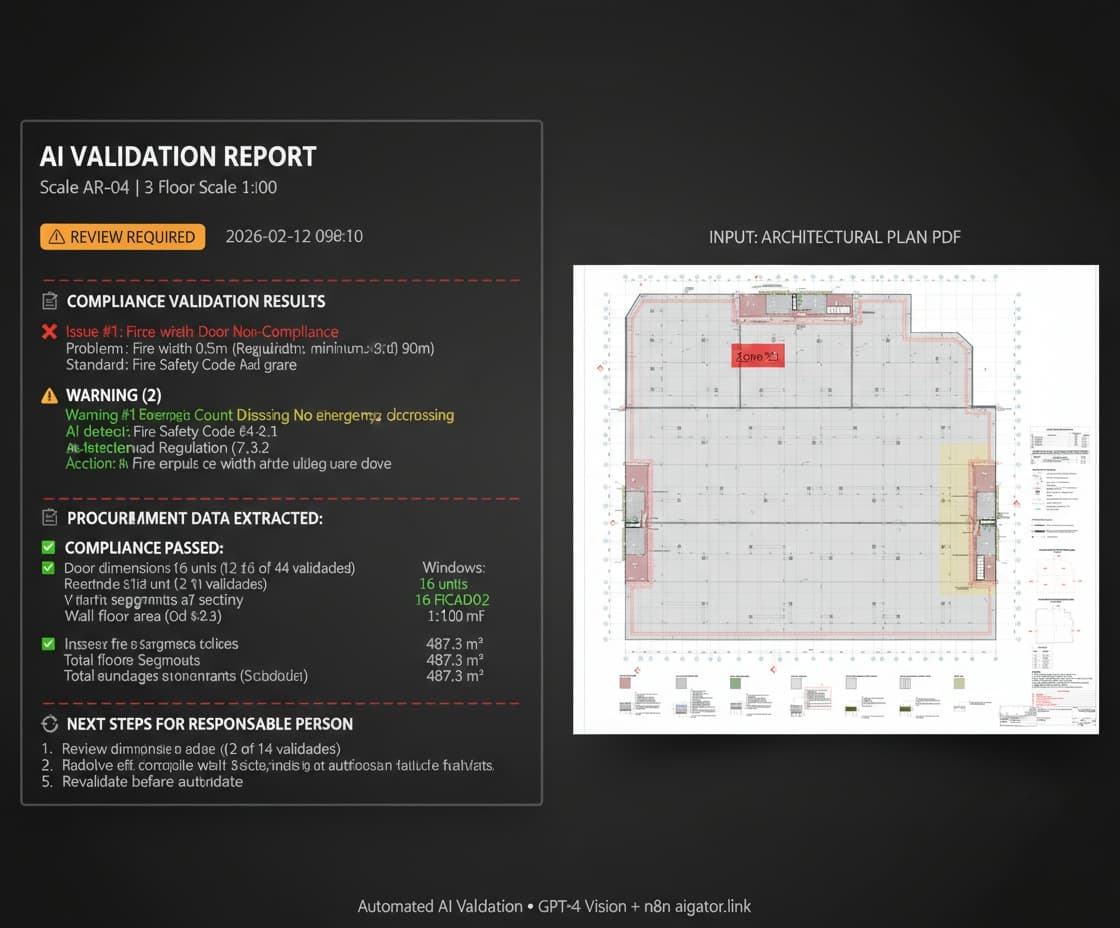 AI validation workflow showing input architectural plan PDF and output validation report with compliance issues, warnings, and procurement data