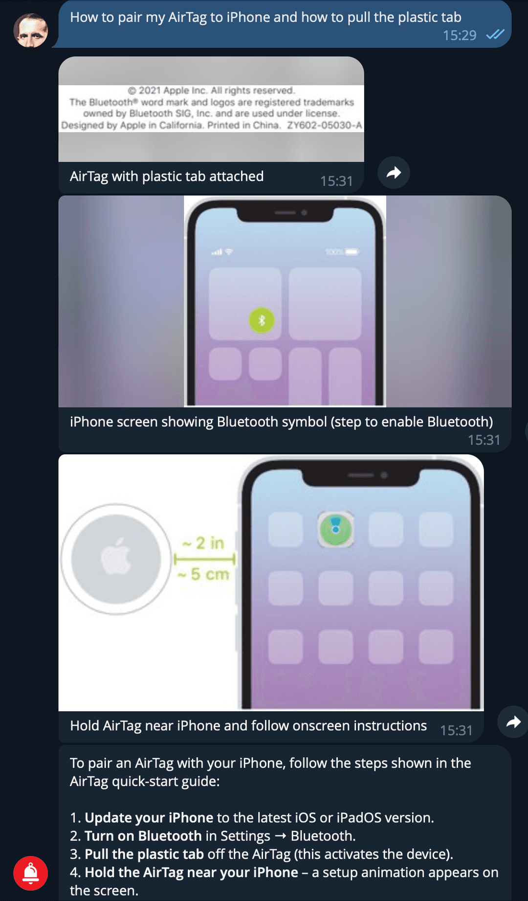 English query: how to pair AirTag to iPhone and pull the plastic tab — returns 3 images (AirTag with tab, Bluetooth screen, setup animation) and 4-step pairing instructions