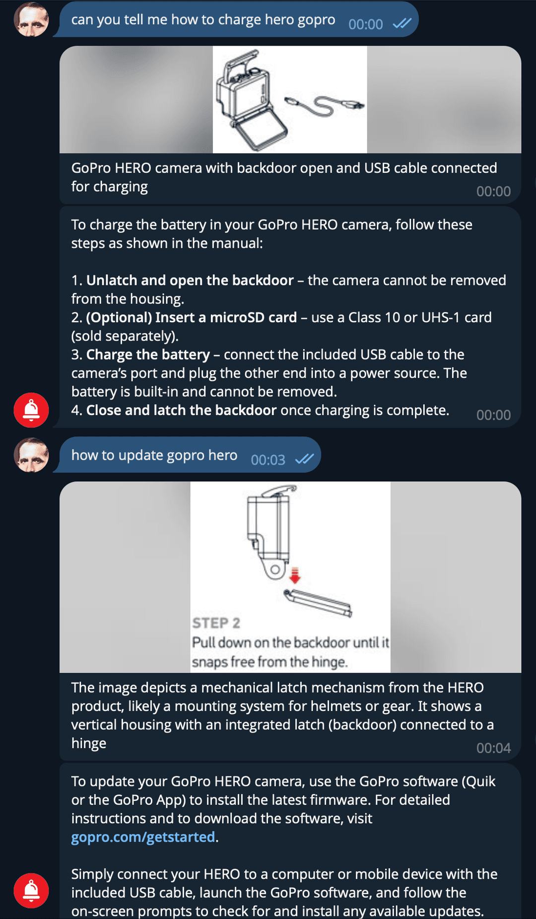 Two English queries on GoPro HERO manual: charging instructions with USB cable diagram, then firmware update with latch mechanism diagram