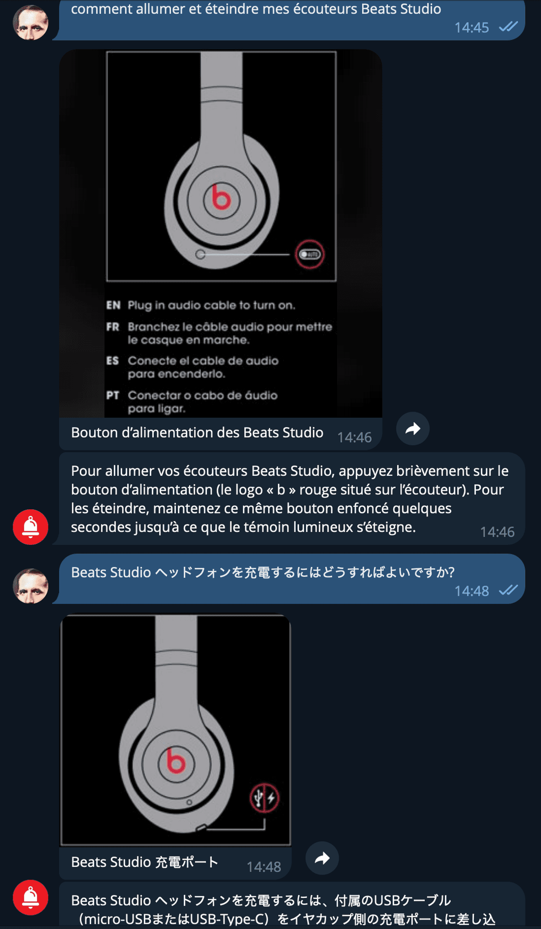 Two queries on Beats Studio manual: French question about turning on headphones with power button diagram, then Japanese question about charging with charging port diagram