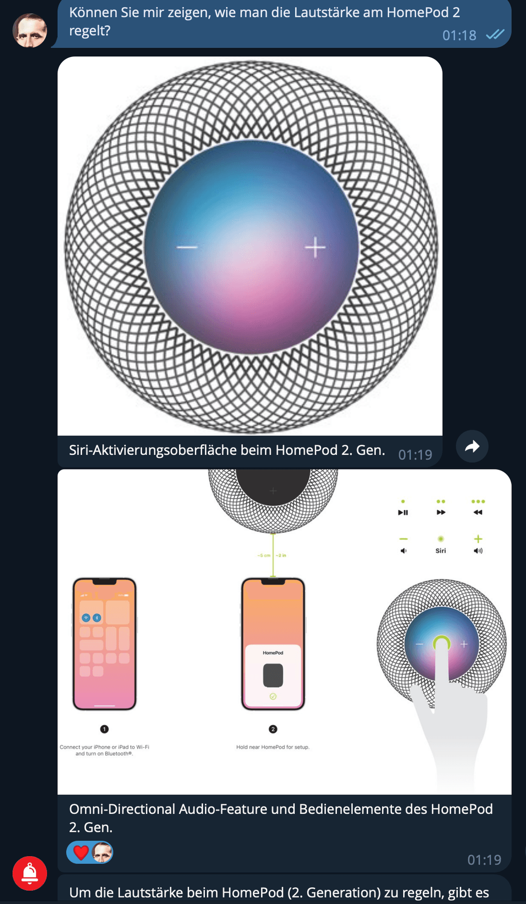 German query: Können Sie mir zeigen, wie man die Lautstärke am HomePod 2 regelt — answer in German with HomePod diagrams