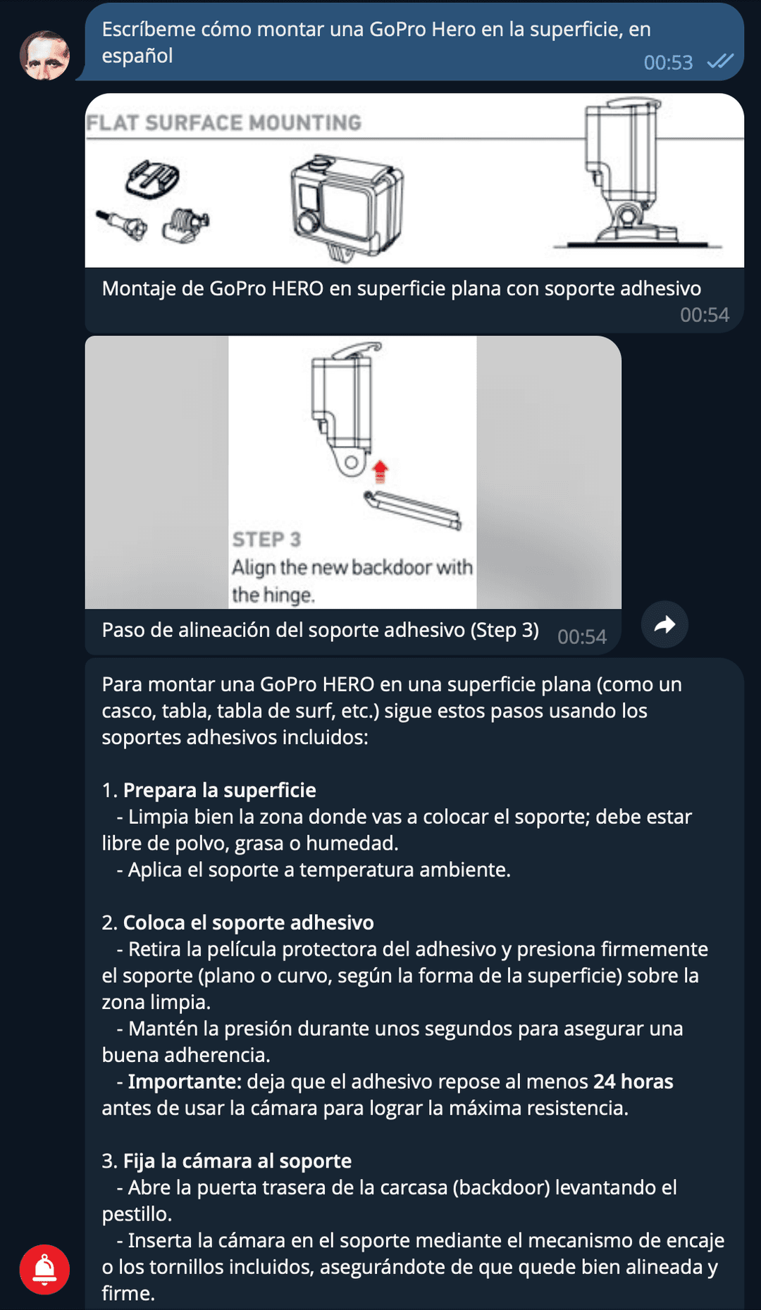 Spanish query: cómo montar una GoPro Hero en la superficie — full answer in Spanish with mounting diagrams
