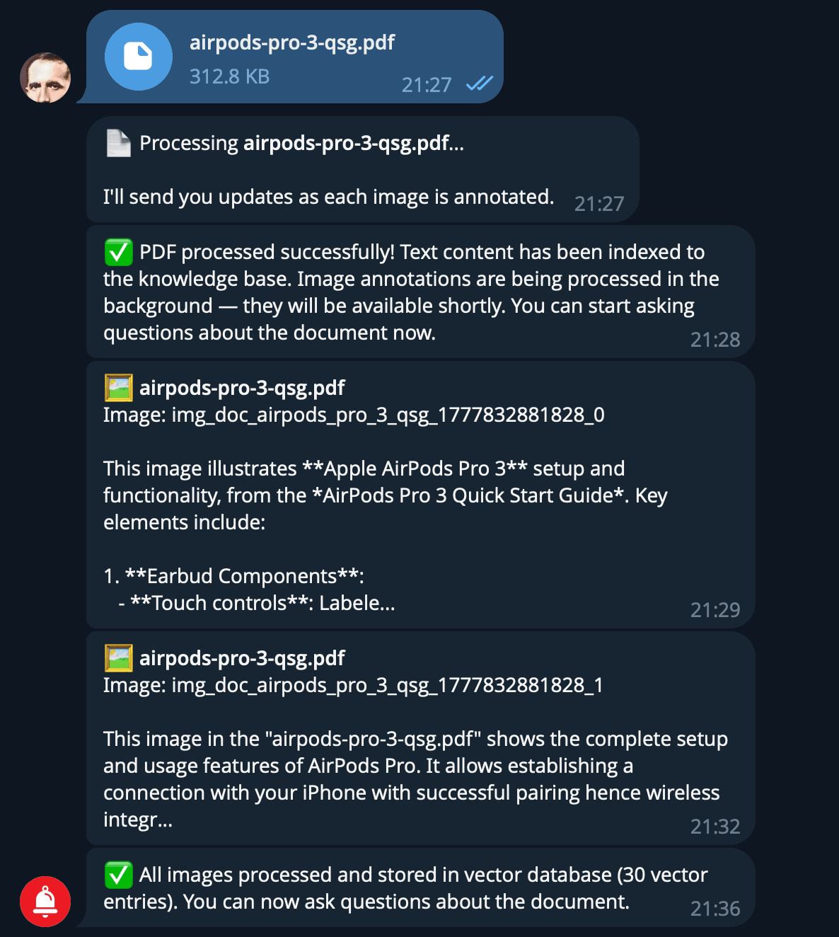 AirPods Pro 3 PDF uploaded to Telegram — text indexed, 2 images annotated by AI vision, 30 vector entries created