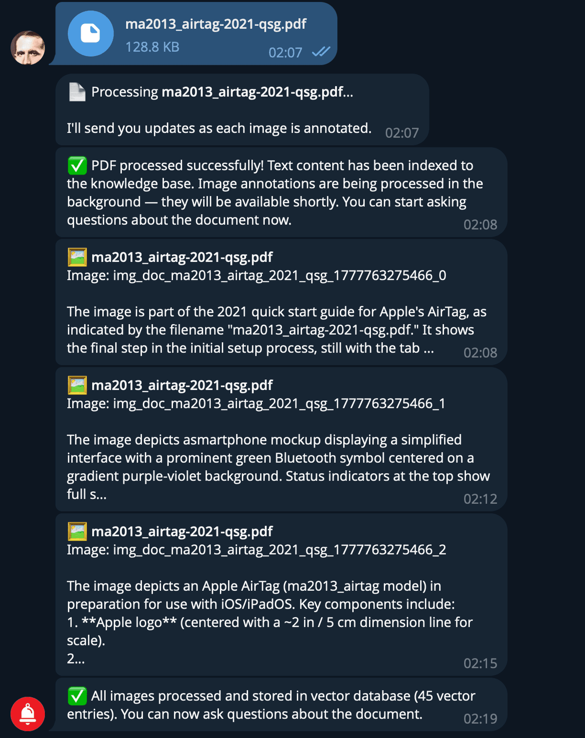 AirTag PDF uploaded to Telegram — text indexed, 3 images annotated by AI vision, 45 vector entries created