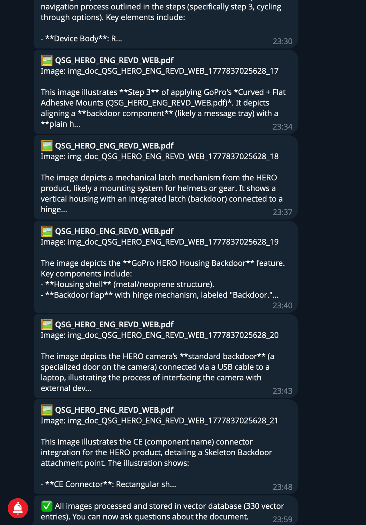 GoPro HERO ingestion complete — 22 images annotated, 330 vector entries stored, ready for questions